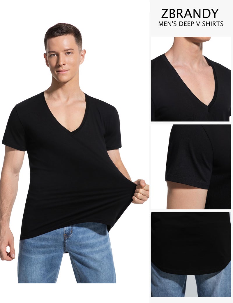 Zbrandy Deep V Neck T Shirt for Men Low Cut Vneck Tee Invisible Tshirt Vee Top Black S - Image 5